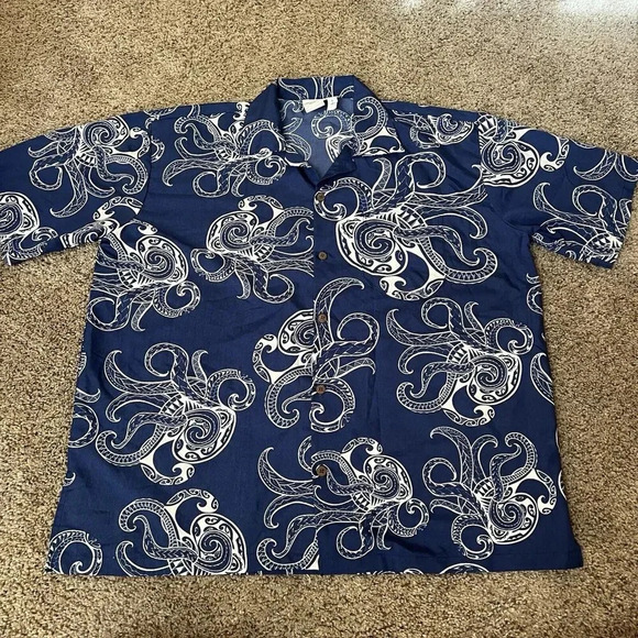 Makani Hawaii Shirt Mens Octopus Large Blue Tribal Microfiber Hawaiian Aloha - Picture 8 of 8